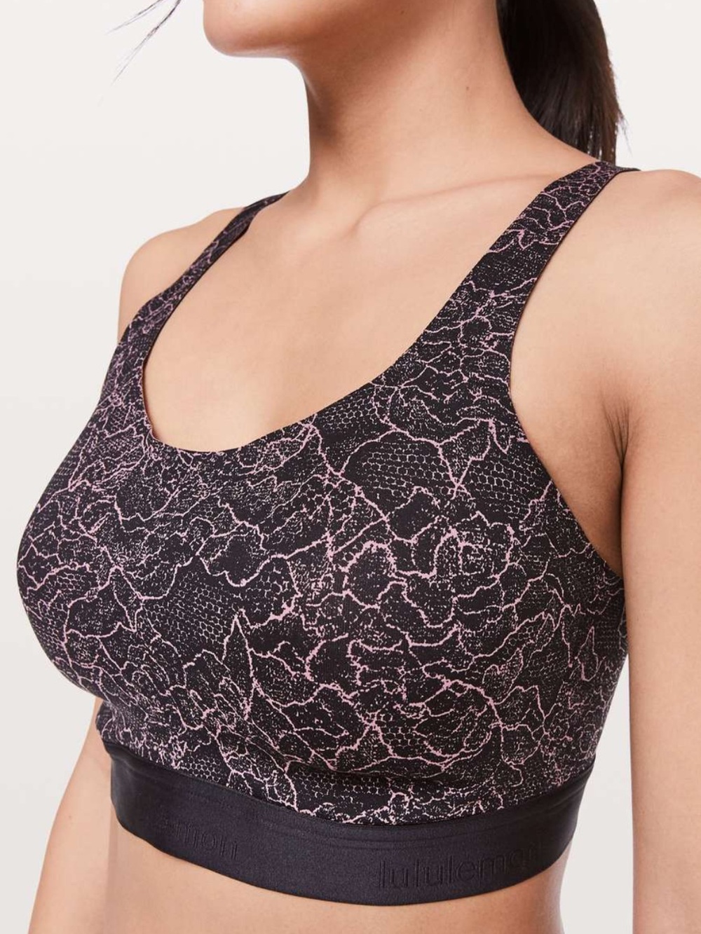 Lululemon Fine Form Bra Lacescape Spanish Rose Black Convertible Workout -34B